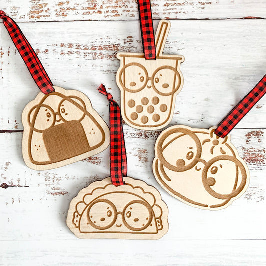 Boba | Bao | Onigiri | Taco Wood Ornament | Christmas | Valentine's Day Tags, Easter Tags, Backpack Tags, Bag Tags