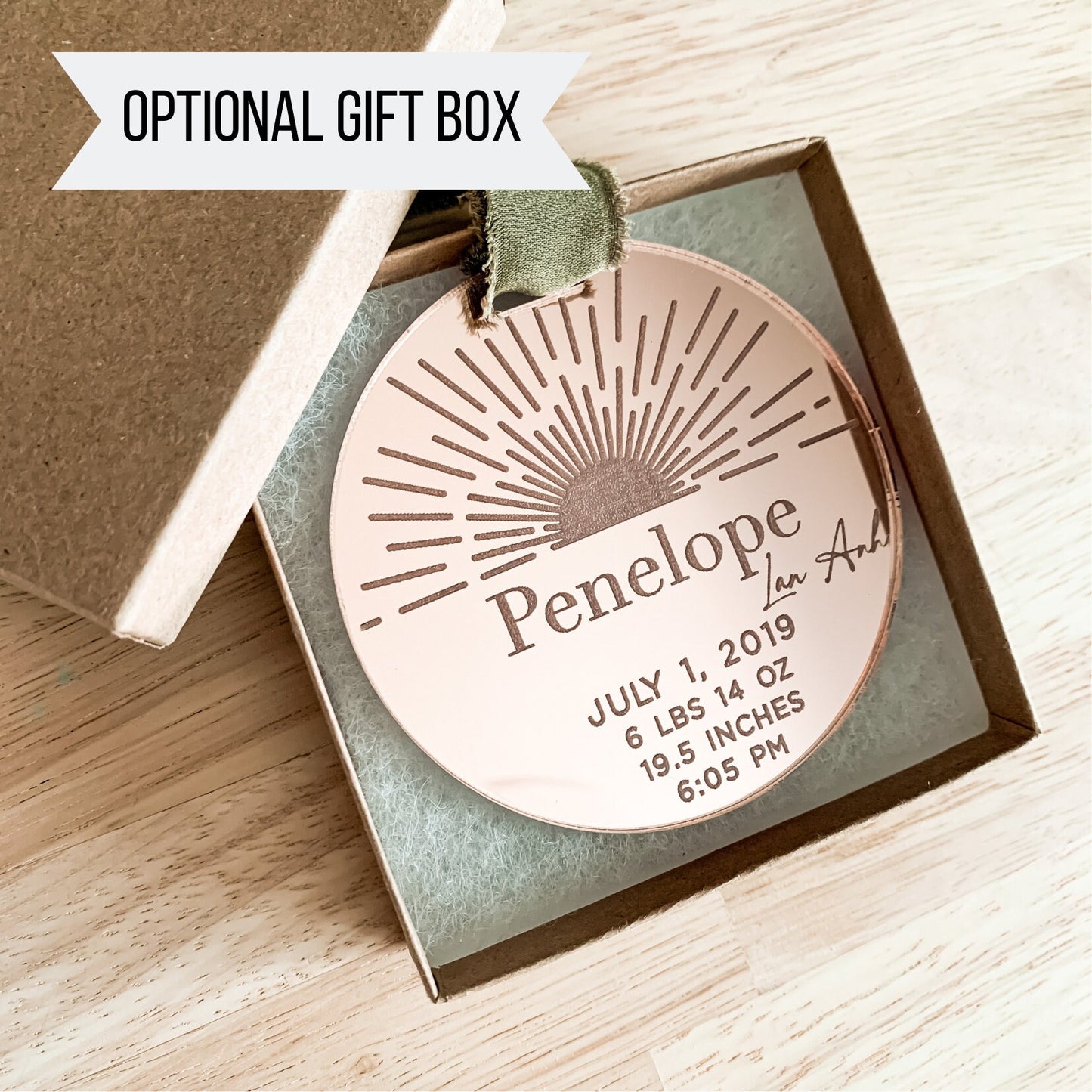 Baby Details Christmas Ornament | Birth Stats | Sun Beam Boho Minimal