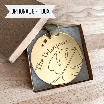 Family Name Christmas Ornament | Minimal Monstera Leaf