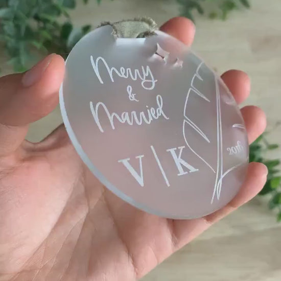 Merry & Married Christmas Ornament | Minimal Palm | Couple Initials