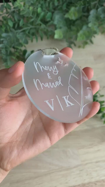 Merry & Married Christmas Ornament | Minimal Palm | Couple Initials
