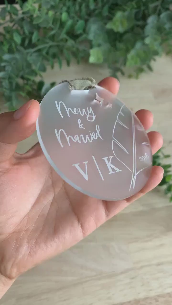 Merry & Married Christmas Ornament | Minimal Palm | Couple Initials