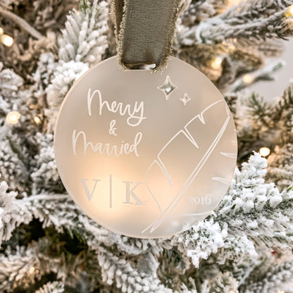 Merry & Married Christmas Ornament | Minimal Palm | Couple Initials