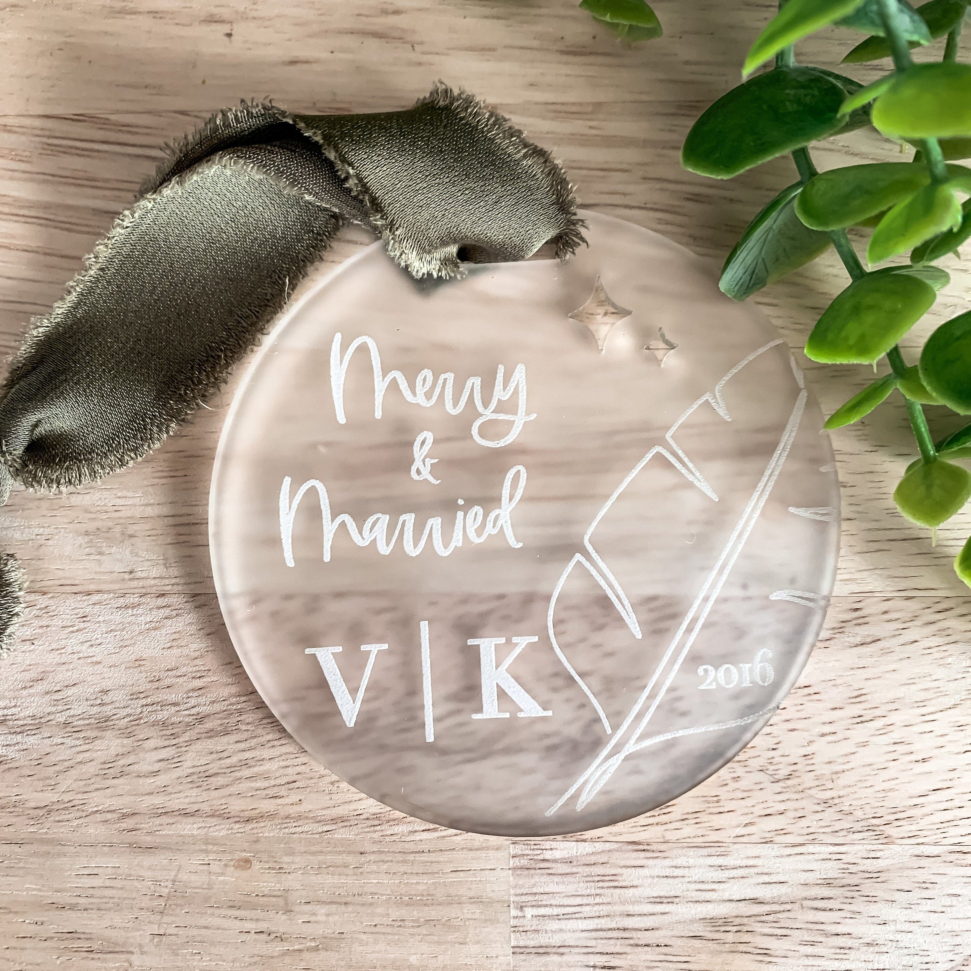 Merry & Married Christmas Ornament | Minimal Palm | Couple Initials