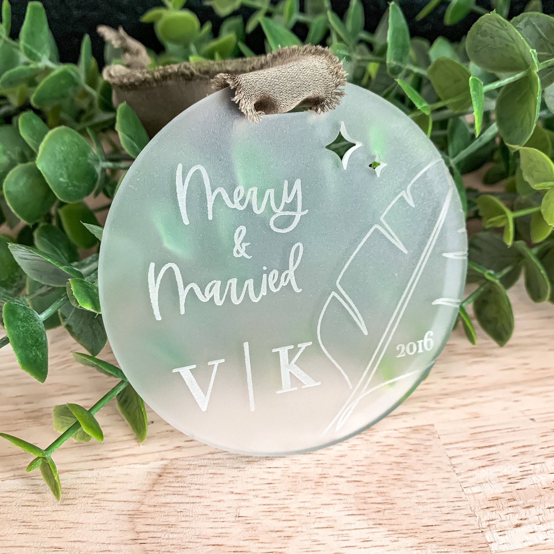 Merry & Married Christmas Ornament | Minimal Palm | Couple Initials