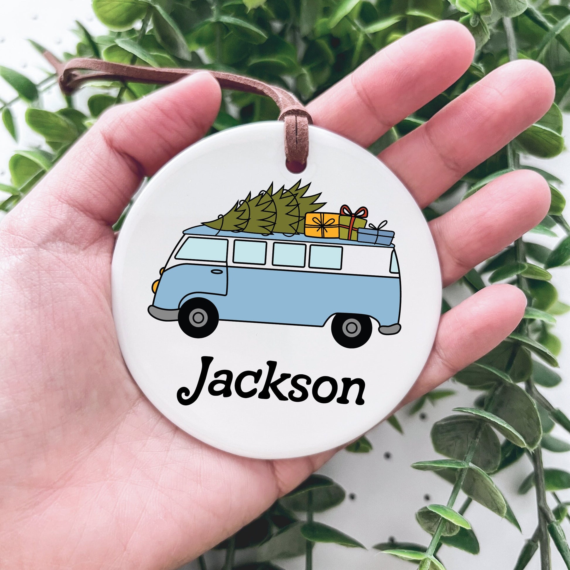 Christmas Ornament / Ceramic Porcelain Ornament / Baby Birth Stats / Personalized Newborn Ornament / Gift for New Parents / Festive VW Van
