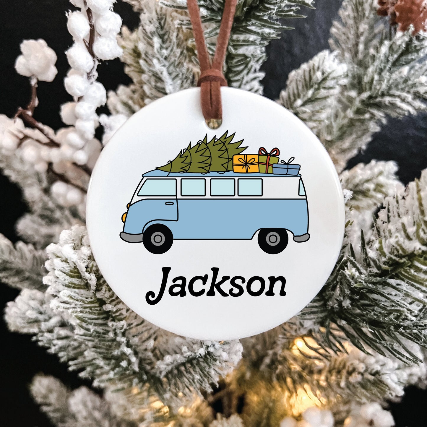 Christmas Ornament / Ceramic Porcelain Ornament / Baby Birth Stats / Personalized Newborn Ornament / Gift for New Parents / Festive VW Van