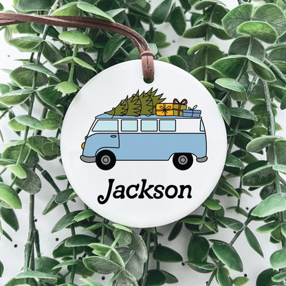 Christmas Ornament / Ceramic Porcelain Ornament / Baby Birth Stats / Personalized Newborn Ornament / Gift for New Parents / Festive VW Van