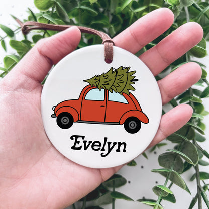 Christmas Ornament / Ceramic Porcelain Ornament / Baby Birth Stats / Personalized Newborn Ornament / Gift for New Parents / Red VW Buggy