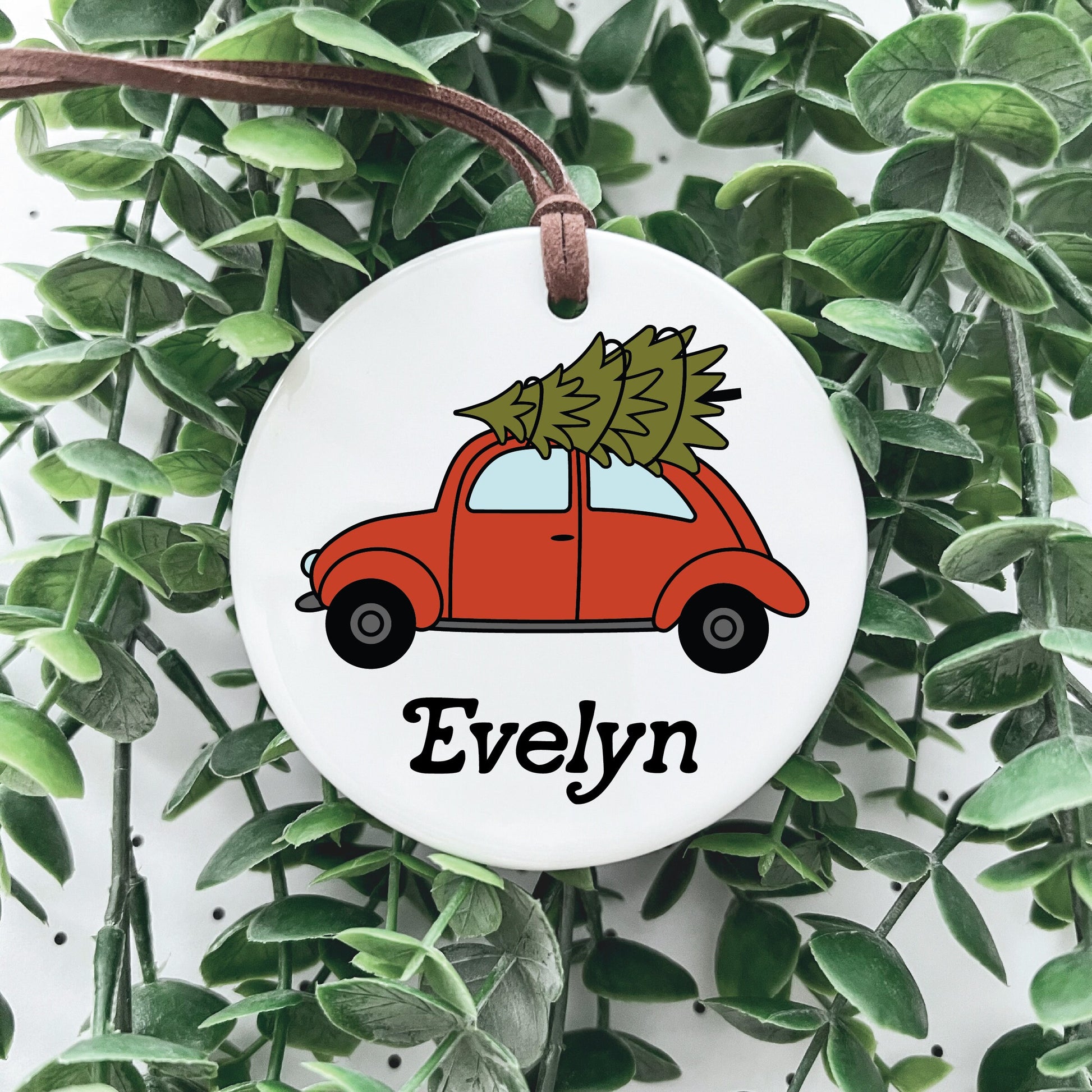 Christmas Ornament / Ceramic Porcelain Ornament / Baby Birth Stats / Personalized Newborn Ornament / Gift for New Parents / Red VW Buggy