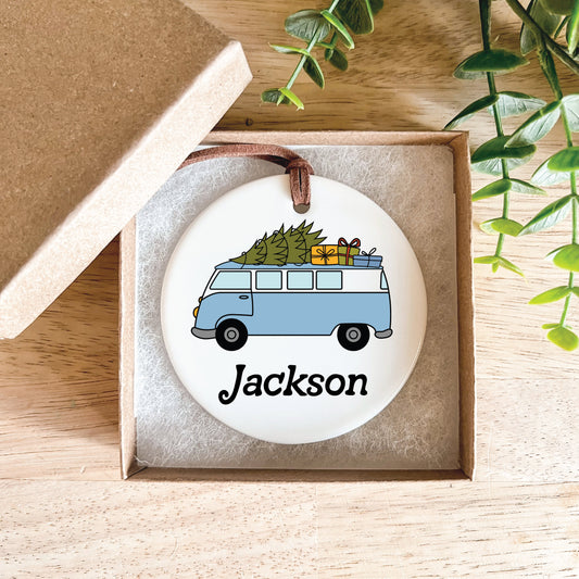 Christmas Ornament / Ceramic Porcelain Ornament / Baby Birth Stats / Personalized Newborn Ornament / Gift for New Parents / Festive VW Van