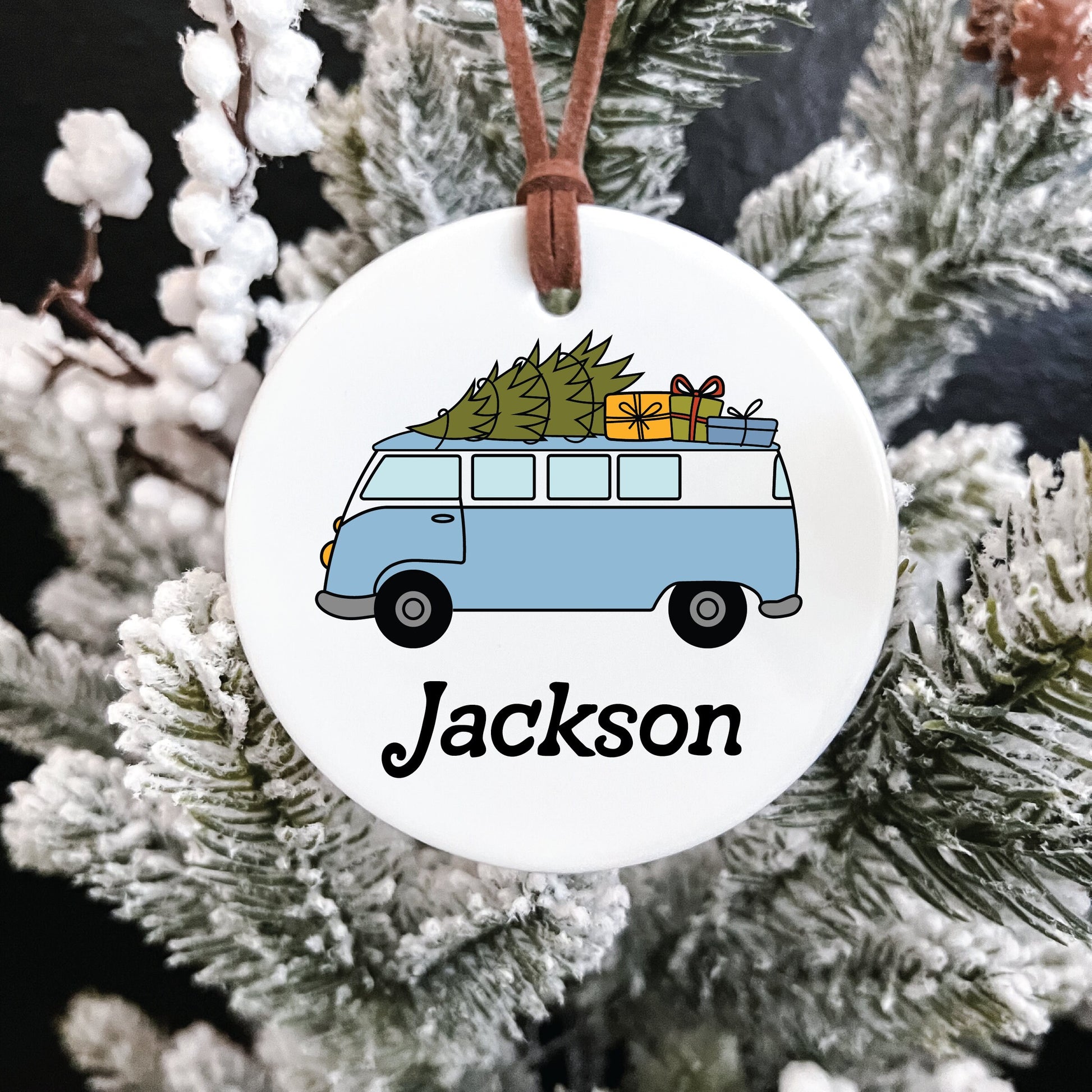 Christmas Ornament / Ceramic Porcelain Ornament / Baby Birth Stats / Personalized Newborn Ornament / Gift for New Parents / Festive VW Van