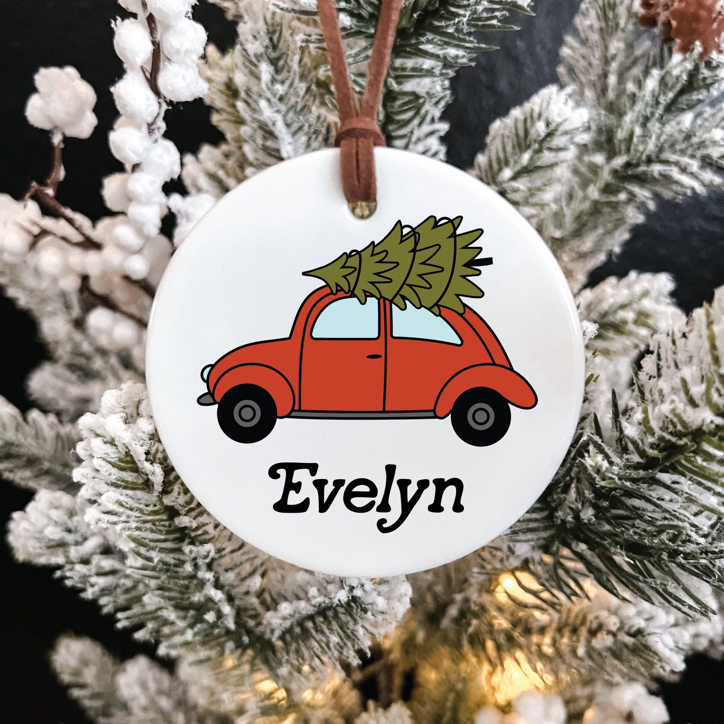 Christmas Ornament / Ceramic Porcelain Ornament / Baby Birth Stats / Personalized Newborn Ornament / Gift for New Parents / Red VW Buggy