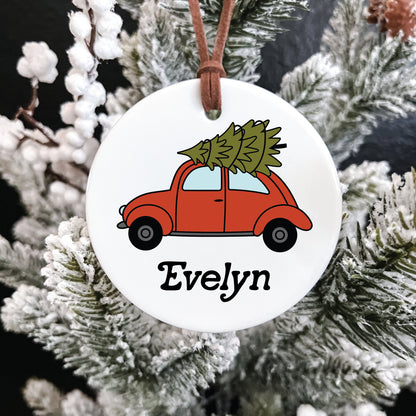 Christmas Ornament / Ceramic Porcelain Ornament / Baby Birth Stats / Personalized Newborn Ornament / Gift for New Parents / Red VW Buggy