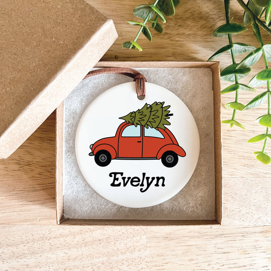 Christmas Ornament / Ceramic Porcelain Ornament / Baby Birth Stats / Personalized Newborn Ornament / Gift for New Parents / Red VW Buggy